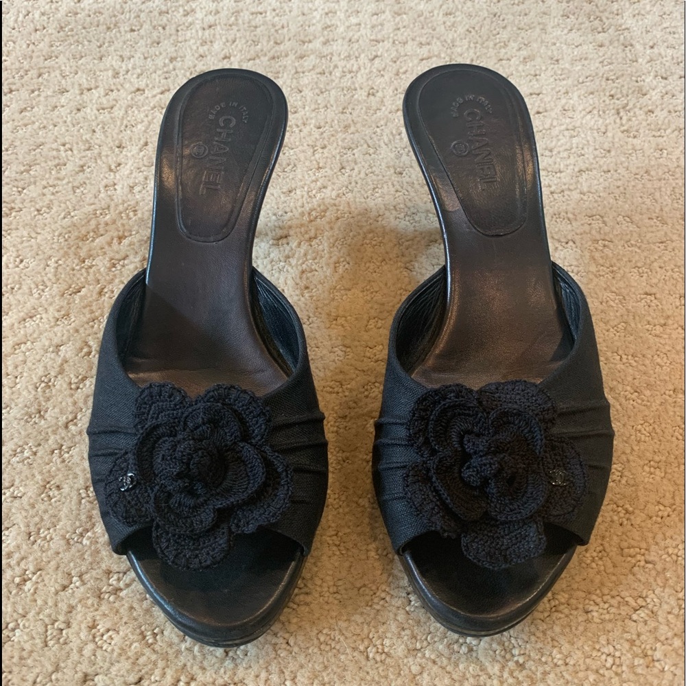 CHANEL Camellia Crochet Black Heels